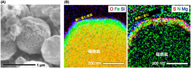 リュウグウの試料に含まれる磁鉄鉱粒子とその断面の電子顕微鏡画像 リュウグウの試料に含まれる磁鉄鉱粒子とその断面の電子顕微鏡画像