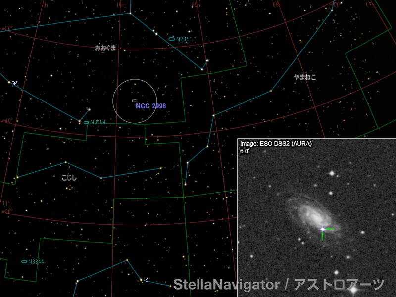 NGC 2998周辺の星図と、DSS画像に表示した超新星 NGC 2998周辺の星図と、DSS画像に表示した超新星